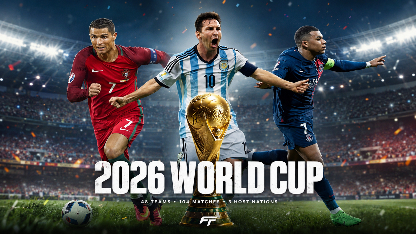 2026 FIFA World Cup graphic showing Canada, Mexico, and the USA as host countries.